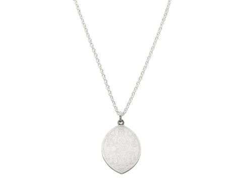  ERIC GILL (1882-1940) ST CHRISTOPHER MEDALLION, CIRCA 1930 engraved white metal, white metal chain pendant 2.5cm wide, 3.5cm