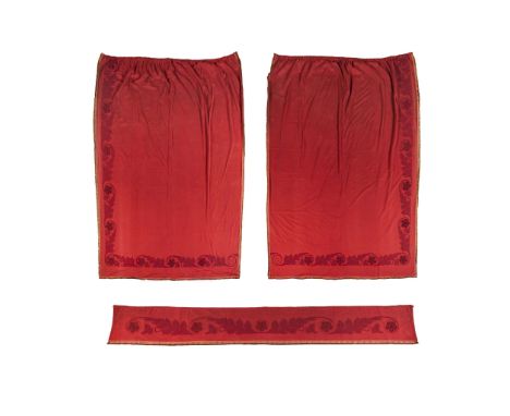  ENGLISH PAIR OF AESTHETIC MOVEMENT CURTAINS WITH PELMET, CIRCA 1890 wool, lined, with velvet and applique decoration, with e