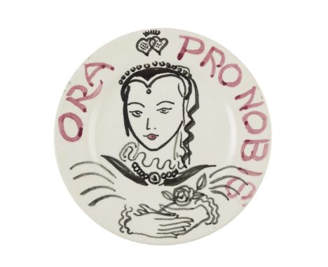  CECILE WALTON (1891-1956) PLATE, 1944 painted and glazed ceramic, inscribed ORA PRO NOBIS, and to reverse TO JAKE + TAYLOR/ 