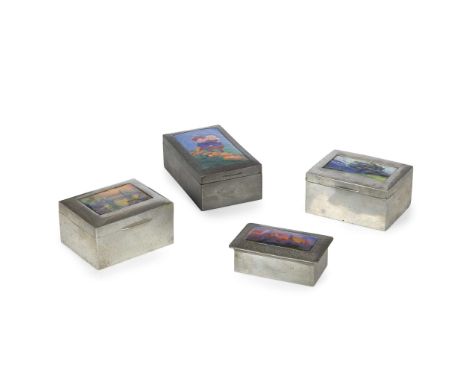  LIBERTY & CO. THREE 'TUDRIC' BOXES, CIRCA 1920 hammered pewter, enamel with wood lining, comprising BOX, the panel depicting