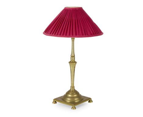  W. A. S. BENSON (1854-1924) ARTS & CRAFTS TABLE LAMP, CIRCA 1900 brass, later pleated silk shade 41cm high to base of fittin