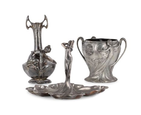  WMF (WURTTEMBERGISCHE METALLWARENFABRIK) JUGENDSTIL TWIN-HANDLED VASE, CIRCA 1900 white metal, traces of silver plate, 23.5c