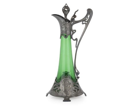 WMF (WURTTEMBERGISCHE METALLWARENFABRIK) JUGENDSTIL CLARET JUG, CIRCA 1900 pewter and glass, stamped maker's marks 41.5cm hi
