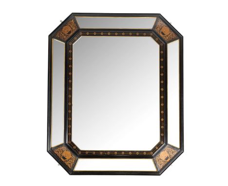  HERTER BROTHERS, NEW YORK FINE AESTHETIC MOVEMENT WALL MIRROR, CIRCA 1880 ebonised wood, with marquetry inlay and gilt embel