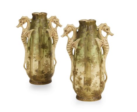  AMPHORA PAIR OF JUGENDSTIL 'SEAHORSE' VASES, CIRCA 1905 painted, glazed and gilded porcelain, stamped maker's mark 02084 (2)