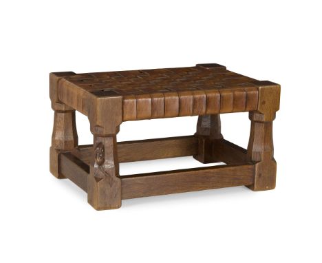  ROBERT 'MOUSEMAN' THOMPSON (1876-1955) FOOTSTOOL, 1960'S oak, with woven leather seat, carved mouse signature&nbsp; 34.5cm w