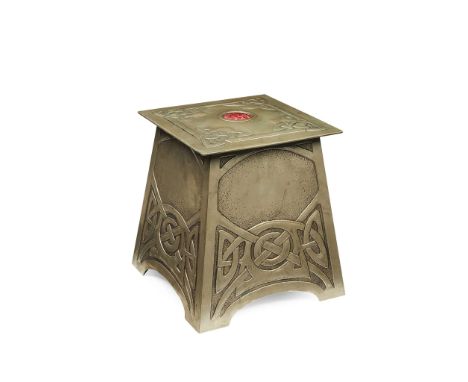  ATTRIBUTED TO MARGARET GILMOUR (1860-1942) GLASGOW SCHOOL COAL BOX, CIRCA 1910 repoussé-decorated tin, with inset enamel rou