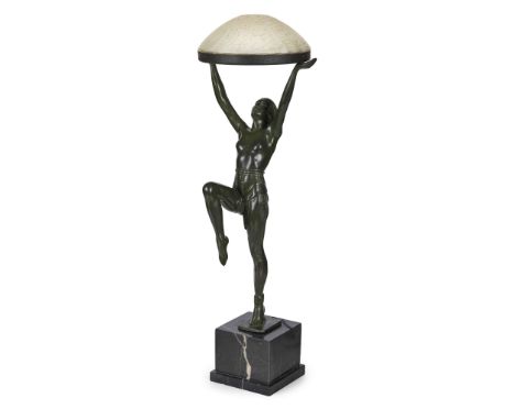  MAX LE VERRIER (1891-1973) 'DANCER' TABLE LAMP, CIRCA 1930 patinated bronze, frosted glass, marble, unsigned 61cm high   