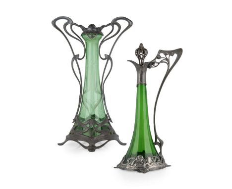  WMF (WURTTEMBERGISCHE METALLWARENFABRIK) JUGENDSTIL CLARET JUG, CIRCA 1900 pewter and glass, stamped maker's marks, 38.5cm h