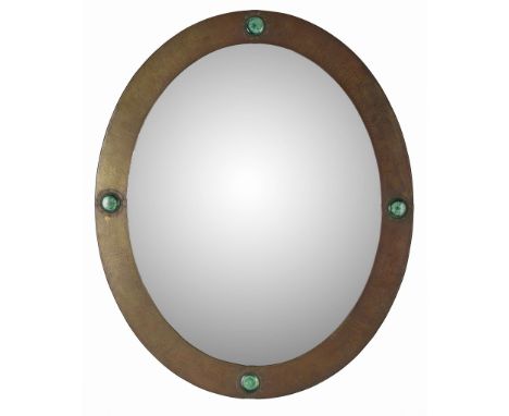 LIBERTY & CO., LONDON ARTS & CRAFTS WALL MIRROR, CIRCA 1910 copper, set with Ruskin roundels, mirror plate, ivorine maker's 