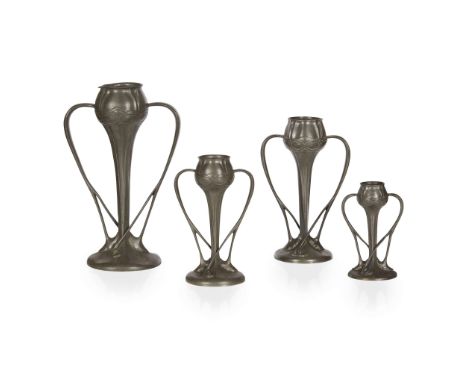  ARCHIBALD KNOX (1864-1933) FOR LIBERTY & CO. SET OF FOUR GRADUATED 'TUDRIC' SPILL VASES, CIRCA 1900 pewter, stamped to the b