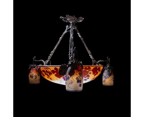  MULLER FRÈRES CEILING LIGHT, CIRCA 1925 acid-etched cameo glass, depicting fruiting vines, wrought metal, cameo mark MULLER 