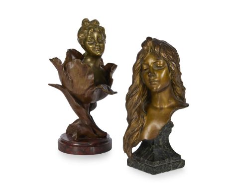  EMMANUEL VILLANIS (1858-1914) ART NOUVEAU BUST OF A GIRL, CIRCA 1910 patinated bronze, on a marble base, signed in the bronz