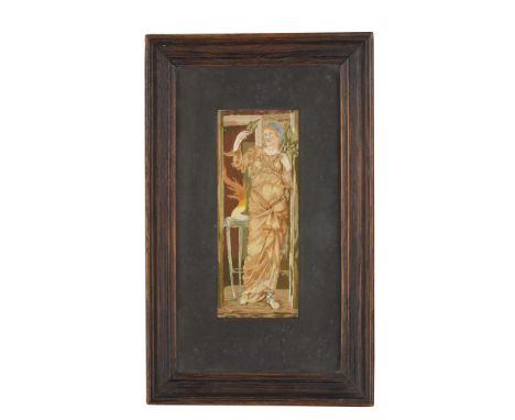  AFTER SIR EDWARD BURNE-JONES 'SYBILIA DELPHICA', AN EMBROIDERED PANEL, CIRCA 1890 coloured silks, framed&nbsp; 15cm x 6cm (f