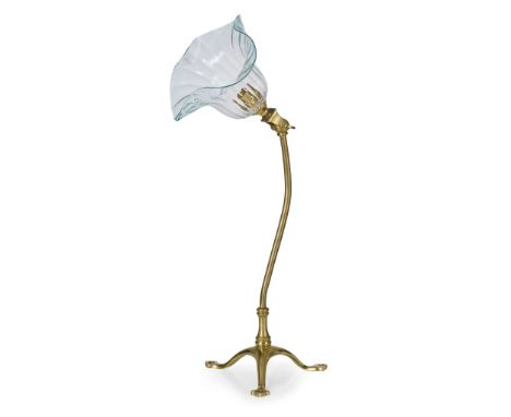  W. A. S. BENSON (1854-1924) ARTS & CRAFTS TABLE LAMP, CIRCA 1900 brass, stamped BENSON, with associated glass shade 37cm hig