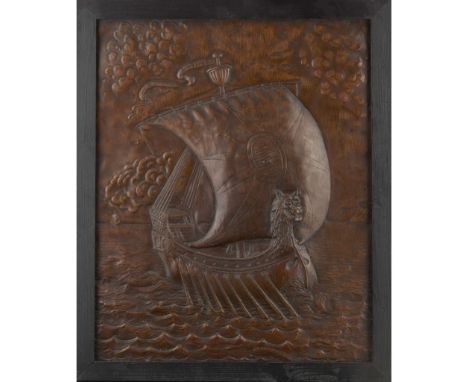  ENGLISH, MANNER OF JOHN PEARSON ARTS & CRAFTS GALLEON PANEL, CIRCA 1910 copper, later framed 57cm x 46cm (frame size 64cm x 
