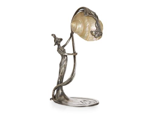  MORITZ HACKER (1849-1932) JUGENDSTIL TABLE LAMP, CIRCA 1900 silvered pewter with shell shade 37.5cm high   