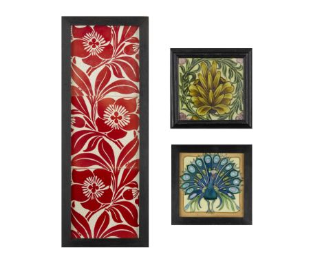  MAW & CO. THREE-TILE PANEL, CIRCA 1900 glazed earthenware, later framed, each tile 15.2cm square (frame size 49cm x 18.5cm);
