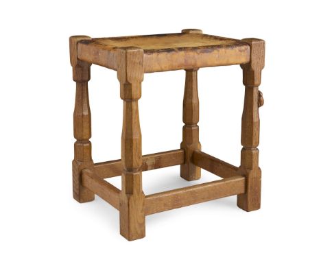  ROBERT 'MOUSEMAN' THOMPSON (1876-1955) STOOL, 1950's oak, with leather seat, carved mouse signature 39.5cm wide, 46cm high, 