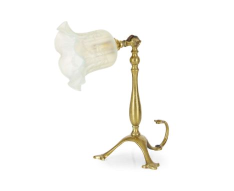  W.A.S. BENSON (1854-1924) ARTS & CRAFTS TABLE LAMP, CIRCA 1900 brass, with associated opalescent shade, stamped BENSON 26cm 