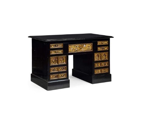  ANGLO-JAPANESE AESTHETIC MOVEMENT TWIN PEDESTAL DESK, CIRCA 1880 ebonised wood, with Japanese gilded and lacquered drawers, 