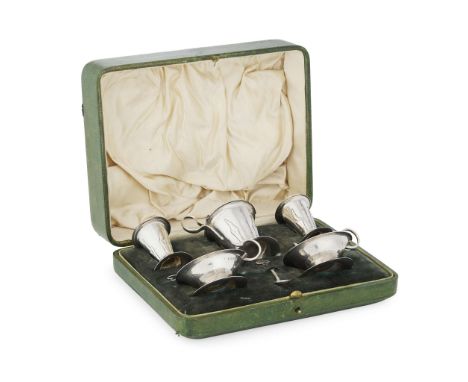  A. E. JONES (1878-1954) ARTS & CRAFTS FIVE PIECE CRUET SET, 1903, 1904 silver, stamped maker's marks, comprising; TWO SALTS,