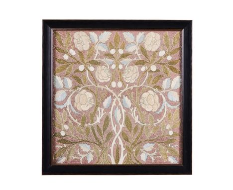  WILLIAM MORRIS (1834-1896) FOR MORRIS & CO. 'OLIVE AND ROSE' EMBROIDERED PANEL, CIRCA 1880 coloured silks, framed 54cm x 52c