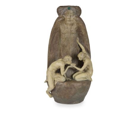  FRIEDRICH GOLDSCHEIDER (1845-1897) JUGENDSTIL FIGURAL VASE, CIRCA 1900 patinated terracotta with applied glazed roundel, ind