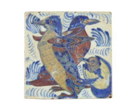  WILLIAM DE MORGAN (1839-1917) 'PENGUINS WITH HATCHING CHICK' TRIPLE LUSTRE TILE, 1898 lustre-glazed earthenware, impressed v