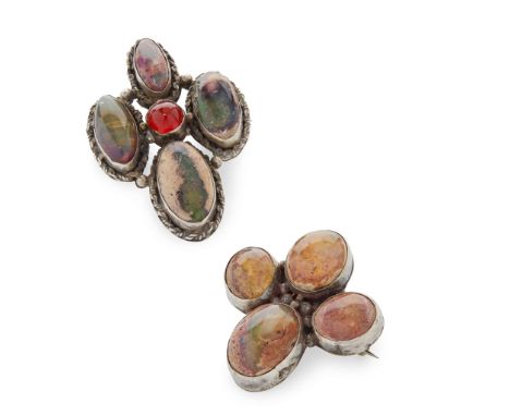  MARY THEW (1876-1953) TWO ARTS & CRAFTS BROOCHES, CIRCA 1920 white metal, one set with boulder opals and carnelian cabochon,