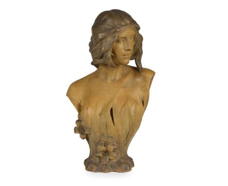  FRIEDRICH GOLDSCHEIDER (1845-1897) JUGENDSTIL BUST OF A MAIDEN, CIRCA 1890 patinated terracotta, impressed FRIEDRICH GOLDSCH