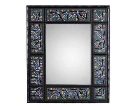  ANGLO- JAPANESE AESTHETIC MOVEMENT WALL MIRROR, CIRCA 1880 ebonised wood, set with Japanese cloisonné enamel panels, mirror 