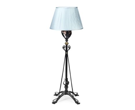  W. A. S. BENSON (1854-1924) ARTS & CRAFTS EXTENDING STANDARD LAMP, CIRCA 1890 patinated wrought and cast iron, copper and br