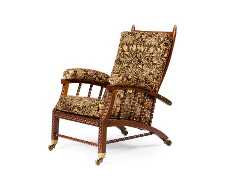  PHILIP WEBB (1831-1915) FOR MORRIS & CO. ADJUSTABLE-BACK ARMCHAIR, CIRCA 1870 mahogany, brass, upholstery in modern Morris &