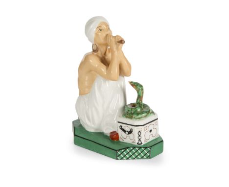  ARMAND GODARD FOR ETLING EDITIONS, PARIS SNAKE CHARMER NIGHT LIGHT, CIRCA 1925 painted and glazed porcelain, painted maker's