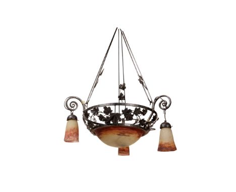  MULLER FRÈRES CEILING LIGHT, CIRCA 1925 frosted and coloured glass, wrought iron, acid-stencilled MULLER FRÈS./ LUNÉVILLE 62