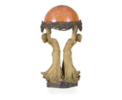 ATTRIBUTED TO GOLDSCHEIDER JUGENDSTIL FIGURAL LAMP, CIRCA 1910 patinated terracotta, with glass shade, incised and stamped 2