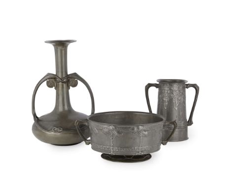  DAVID VEAZEY FOR LIBERTY & CO. THREE VESSELS, CIRCA 1900 pewter, comprising a TWIN-HANDLED ROSE BOWL, bearing inscription TH