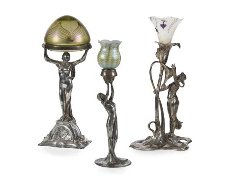  WMF (WURTTEMBERGISCHE METALLWARENFABRIK) JUGENDSTIL TABLE LAMP, CIRCA 1900 silvered metal, with associated Loetz glass shade