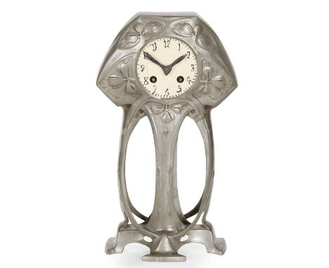  FRIEDRICH ADLER (1878-1942) FOR WALTER SCHERF & CO. 'OSIRIS' JUGENDSTIL CLOCK, CIRCA 1900 pewter, with (later) painted dial,