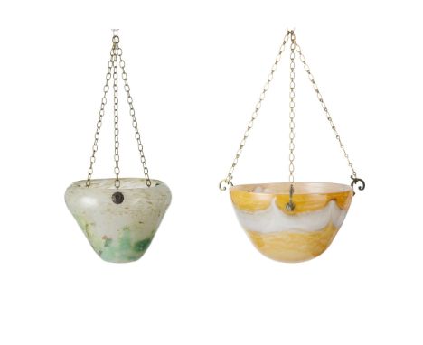  JOHN MONCRIEFF LTD., PERTH TWO 'MONART' HANGING LAMPS, CIRCA 1930 glass, comprising; a MUSHROOM LAMP SHADE, adapted to a han