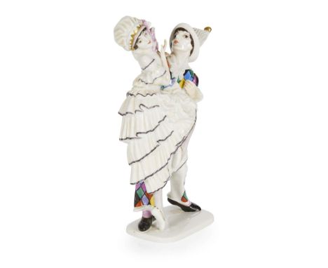  CONSTANTIN HOLZER-DEFANTI (1888-1951) FOR ROSENTHAL PIERROT AND PIERRETTE, CIRCA 1922 painted, glazed and gilded earthenware