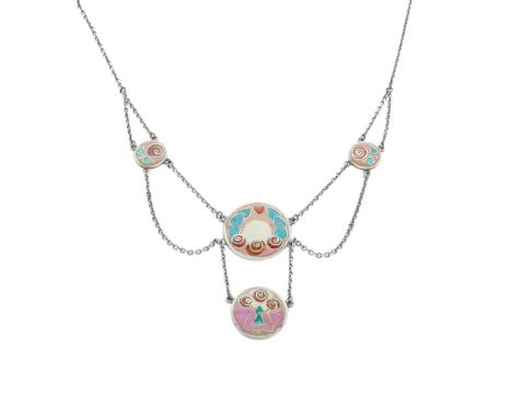  ATTRIBUTED TO ISABEL SPENCE GLASGOW SCHOOL NECKLACE, CIRCA 1910 white metal and enamel chain length 46cm, largest roundel 2.