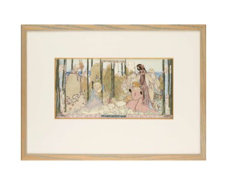  JESSIE MARION KING (1875-1949) AND ELISE PRIOLEAU ‘HOW FOUR QUEENS FOUND SIR LANCELOT IN THE WOOD’, CIRCA 1910 coloured silk
