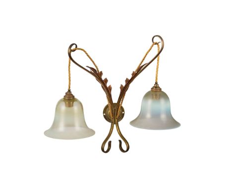  W. A. S. BENSON (1854-1924) WALL SCONCE, CIRCA 1900 brass and copper, with two opalescent glass shades, stamped BENSON to ba