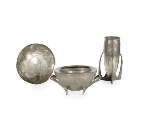  ARCHIBALD KNOX (1864-1933) FOR LIBERTY & CO. THREE 'TUDRIC' VESSELS, CIRCA 1905 pewter, comprising a TWIN-HANDLED BOWL, stam