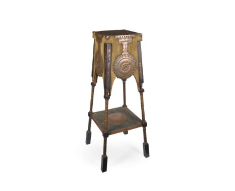  CARLO BUGATTI (1856-1940) PLANT STAND, CIRCA 1900 pewter-inlaid walnut, hammered copper, leather and vellum 31cm square to t