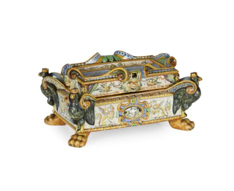  CANTAGALLI NEO-RENAISSANCE BOX & COVER, CIRCA 1890 polychrome painted and glazed earthenware, painted cockerel mark 26.5cm w