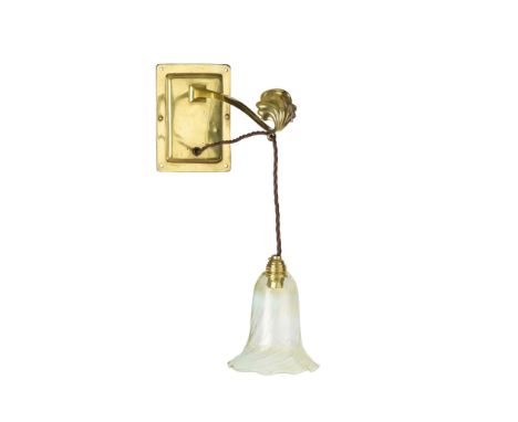  ATTRIBUTED TO BIRMINGHAM GUILD OF HANDICRAFT WALL LIGHT, CIRCA 1900 brass, with associated period opalescent glass shade 42c