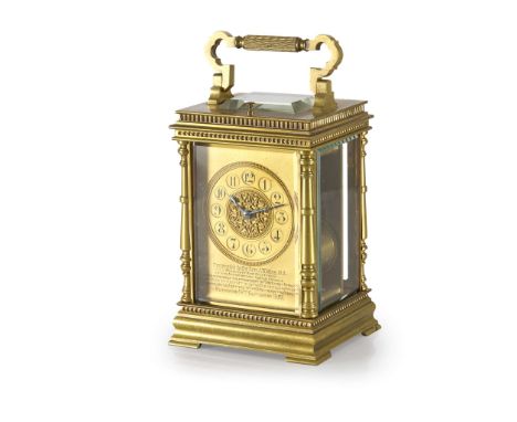  JESSIE MARION KING (1875-1949) INTEREST PRESENTATION CARRIAGE CLOCK BELONGING TO HER FATHER  REV. JOHN KING, 1893 brass, the